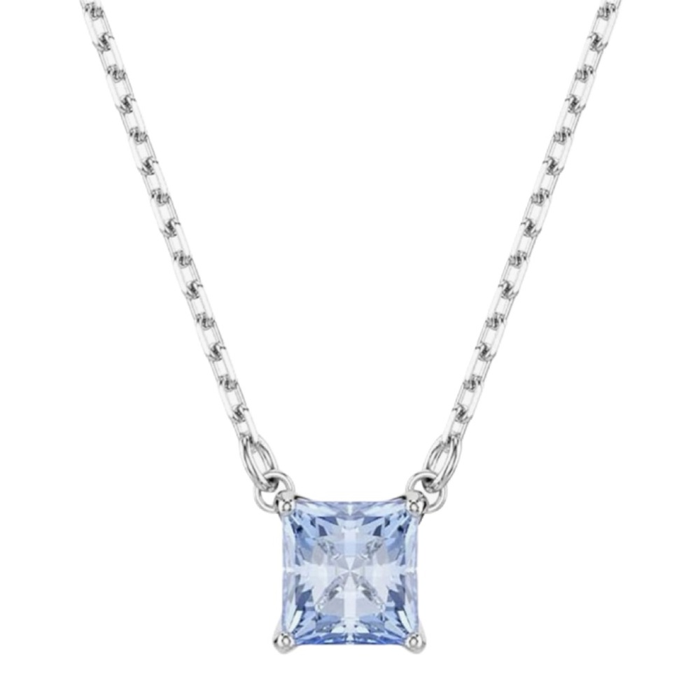Swarovski Matrix Pendant Necklace/Square Cut Blue Crystal/Rhodium plated